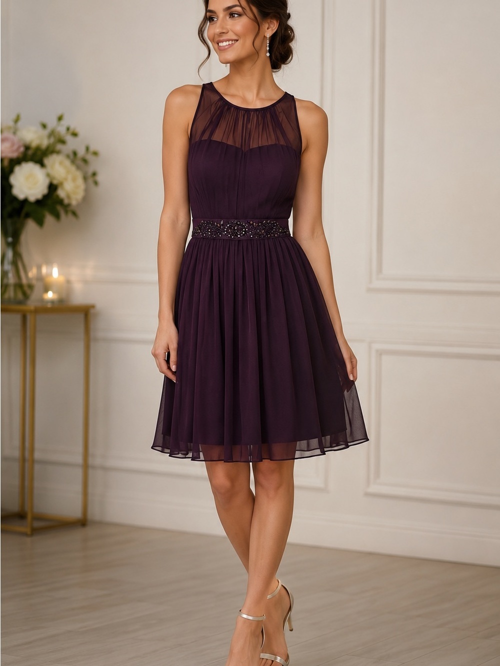 NWT Adrianna Papell Purple Beaded Chiffon A-Line Cocktail Bridesmaid Dress 4